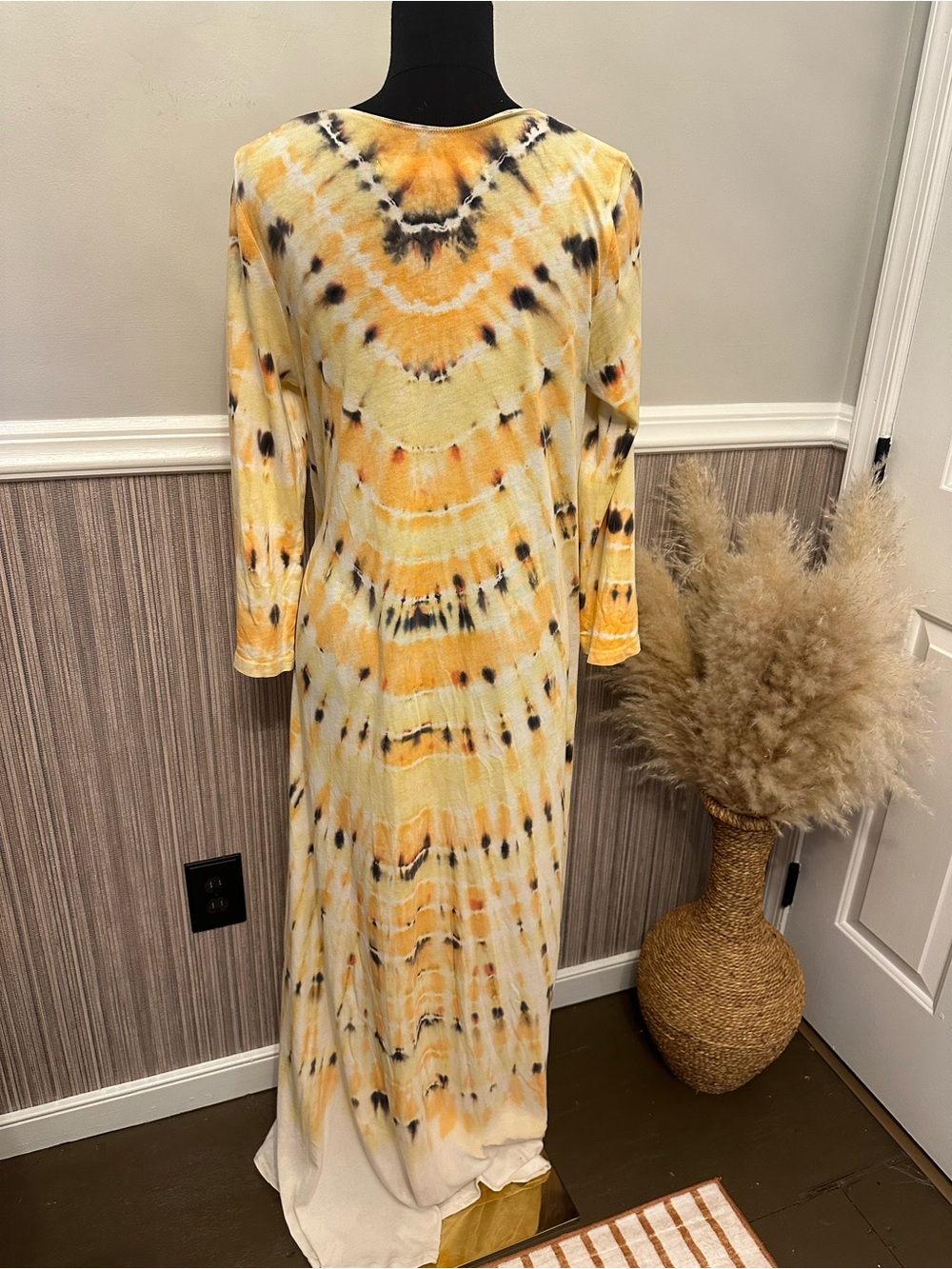 Raquel Allegra Size 2 Tie Dye Maxi Dress Yellow Black Long Sleeve Cotton - Picture 10 of 11